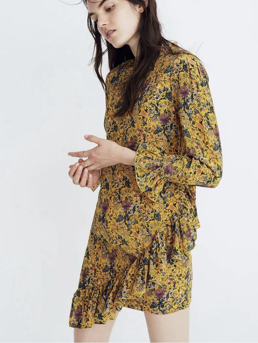 Madewell x Karen Walker 100% Silk Floral Loretta Dress Yellow Ruffle Size 14
